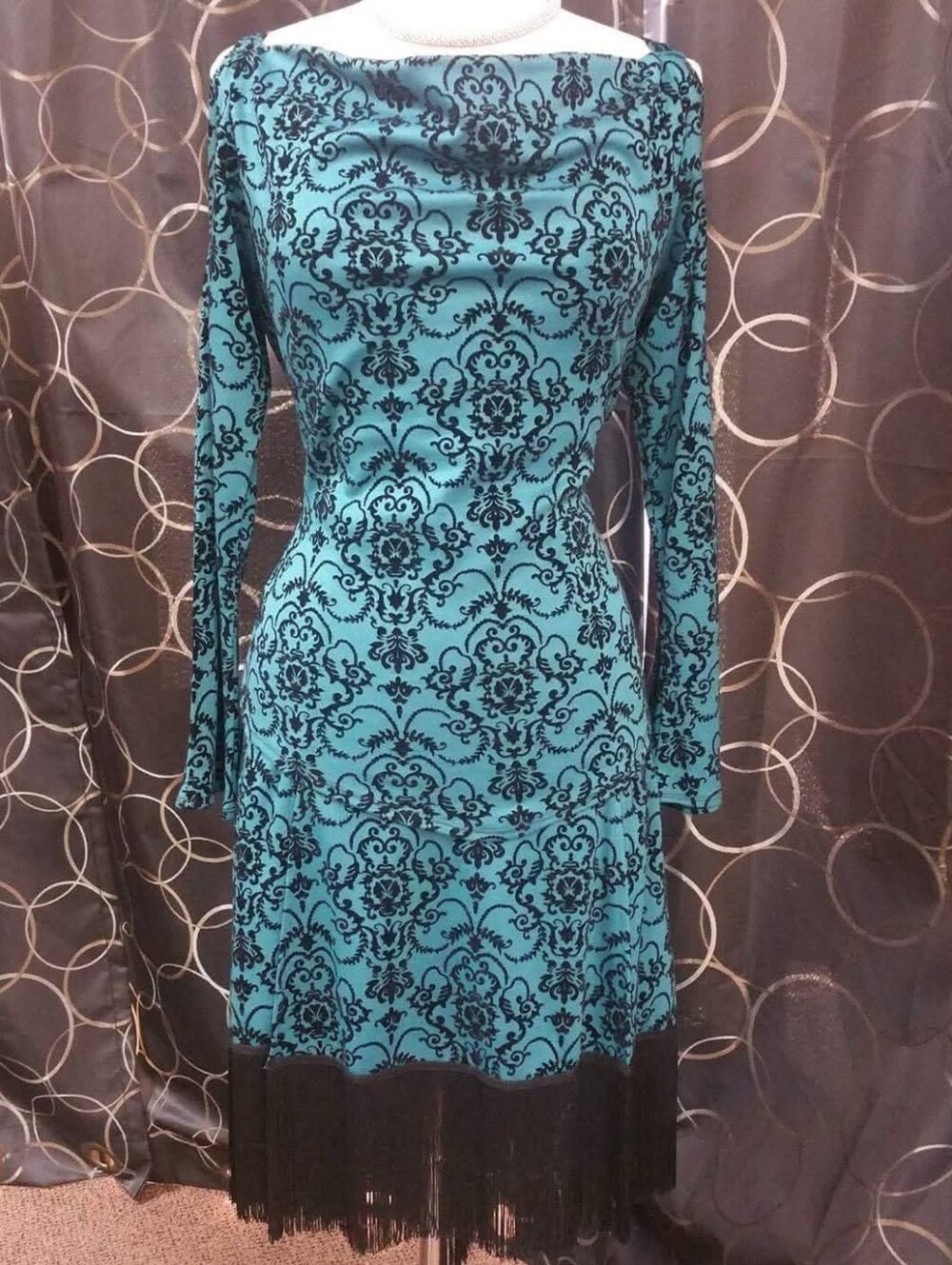 Turquoise Flocked flourish two piece Fringed skirt and top set